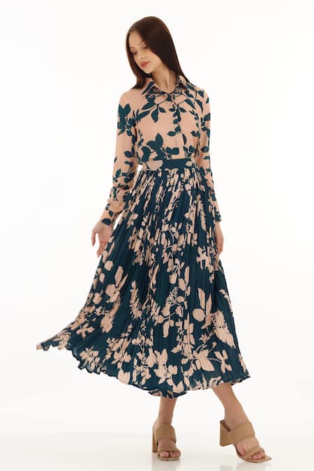 KoAi_Blue Muslin, Cotton, Silk Foliage Pattern Skirt _Online_at_Aza_Fashions