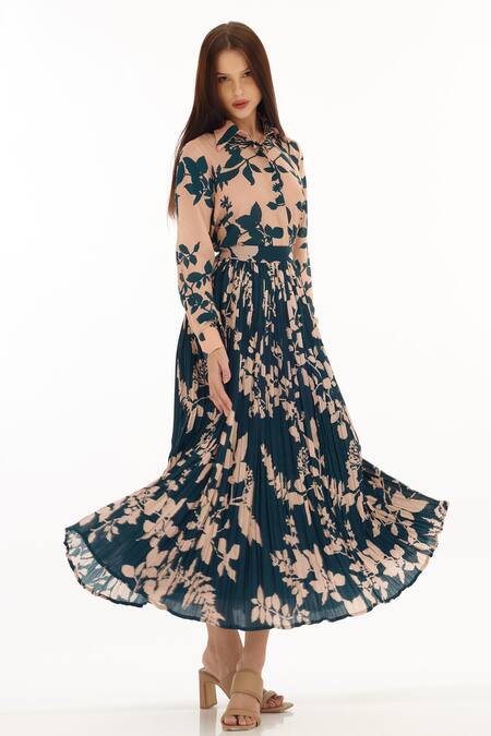Buy_KoAi_Blue Muslin, Cotton, Silk Foliage Pattern Skirt _Online_at_Aza_Fashions