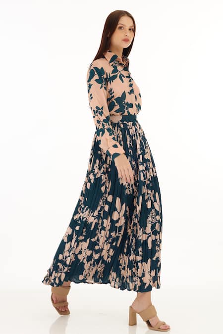 Shop_KoAi_Blue Muslin, Cotton, Silk Foliage Pattern Skirt _Online_at_Aza_Fashions