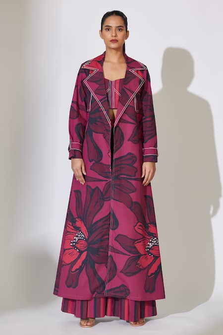 Buy_Koai_Red Poplin, Cotton Embroidery Collared Floral Pattern Longline Jacket 