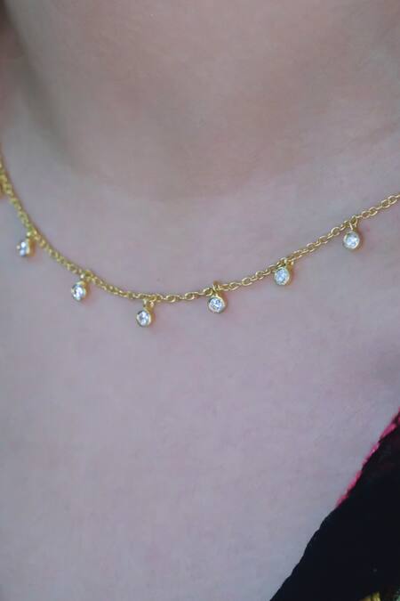 Shop_Anushka Jain Jewellery_Gold Plated Diamond Droplet Necklace_at_Aza_Fashions