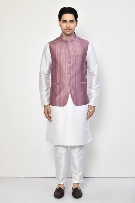 Buy_Arihant Rai Sinha_Purple Satin, Cotton Stripe Print Bundi Set_Online_at_Aza_Fashions