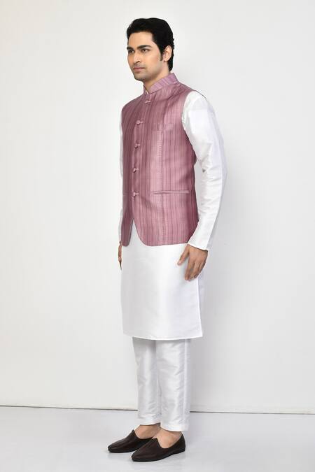 Arihant Rai Sinha_Purple Satin, Cotton Stripe Print Bundi Set_at_Aza_Fashions