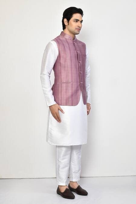 Buy_Arihant Rai Sinha_Purple Satin, Cotton Stripe Print Bundi Set