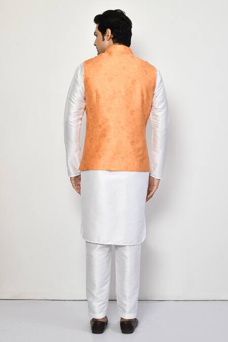 Shop_Arihant Rai Sinha_Orange Silk, Cotton Embroidery Floral Textured Bundi Kurta Set_at_Aza_Fashions