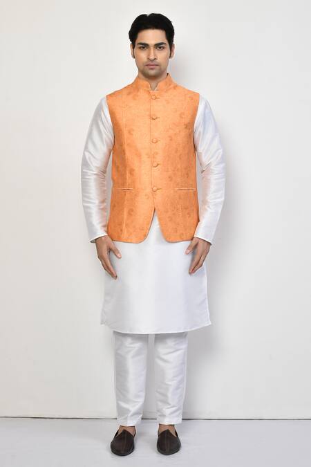 Buy_Arihant Rai Sinha_Orange Silk, Cotton Embroidery Floral Textured Bundi Kurta Set_Online_at_Aza_Fashions