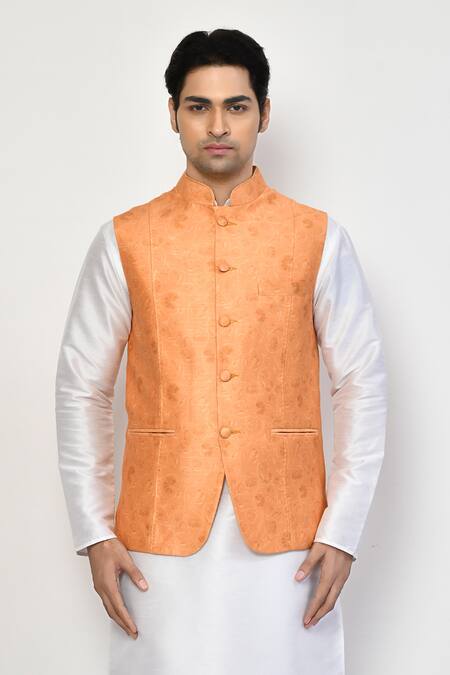 Shop_Arihant Rai Sinha_Orange Silk, Cotton Embroidery Floral Textured Bundi Kurta Set_Online_at_Aza_Fashions
