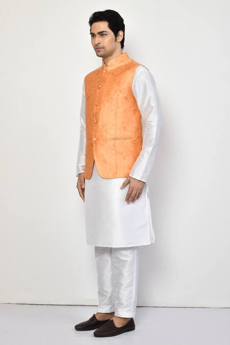 Arihant Rai Sinha_Orange Silk, Cotton Embroidery Floral Textured Bundi Kurta Set_at_Aza_Fashions