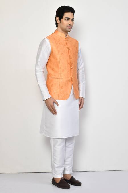 Buy_Arihant Rai Sinha_Orange Silk, Cotton Embroidery Floral Textured Bundi Kurta Set