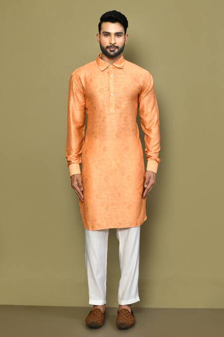 Buy_Arihant Rai Sinha_Orange Satin, Cotton Embroidery Floral Pattern Kurta Set_Online_at_Aza_Fashions