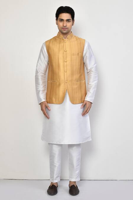 Buy_Arihant Rai Sinha_Yellow Silk, Cotton Striped Bundi Set_Online_at_Aza_Fashions
