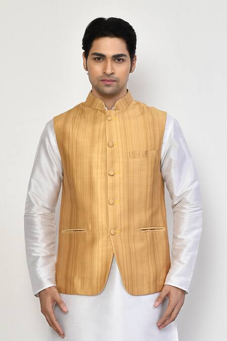 Shop_Arihant Rai Sinha_Yellow Silk, Cotton Striped Bundi Set_Online_at_Aza_Fashions
