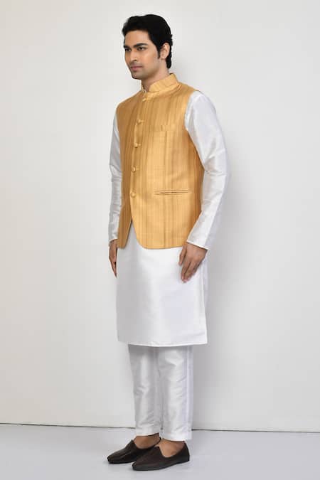 Arihant Rai Sinha_Yellow Silk, Cotton Striped Bundi Set_at_Aza_Fashions