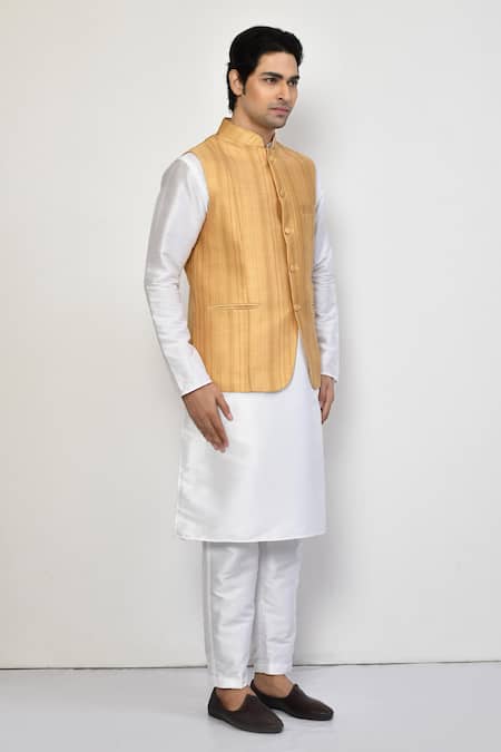 Buy_Arihant Rai Sinha_Yellow Silk, Cotton Striped Bundi Set
