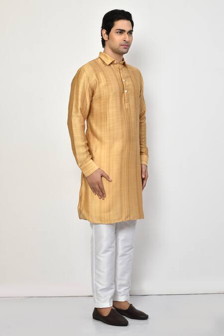 Buy_Arihant Rai Sinha_Yellow Silk, Cotton Stripe Print Kurta Pant Set