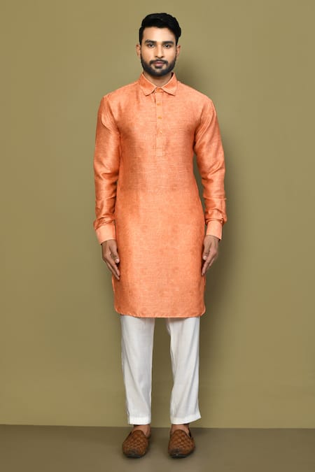 Buy_Arihant Rai Sinha_Orange Satin, Cotton Embroidery Floral Pattern Kurta Set_Online_at_Aza_Fashions