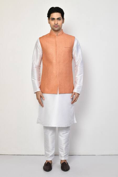 Buy_Arihant Rai Sinha_Peach Silk, Cotton Sequins, Embroidery Checkered Bundi Set_Online_at_Aza_Fashions