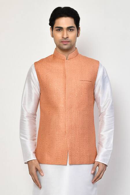 Shop Arihant Rai Sinha Peach Silk, Cotton Sequins, Embroidery Checkered Bundi Set Online at Aza Fashions Shop_Arihant Rai Sinha_Peach Silk, Cotton Sequins, Embroidery Checkered Bundi Set_Online_at_Aza_Fashions