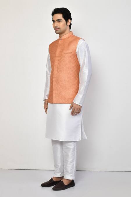 Arihant Rai Sinha_Peach Silk, Cotton Sequins, Embroidery Checkered Bundi Set_at_Aza_Fashions