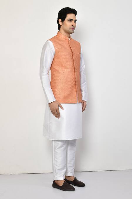 Buy_Arihant Rai Sinha_Peach Silk, Cotton Sequins, Embroidery Checkered Bundi Set