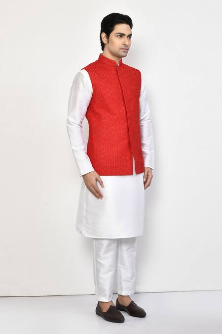 Buy_Arihant Rai Sinha_Red Silk, Cotton Embroidery, Sequins Striped Thread Bundi Set 