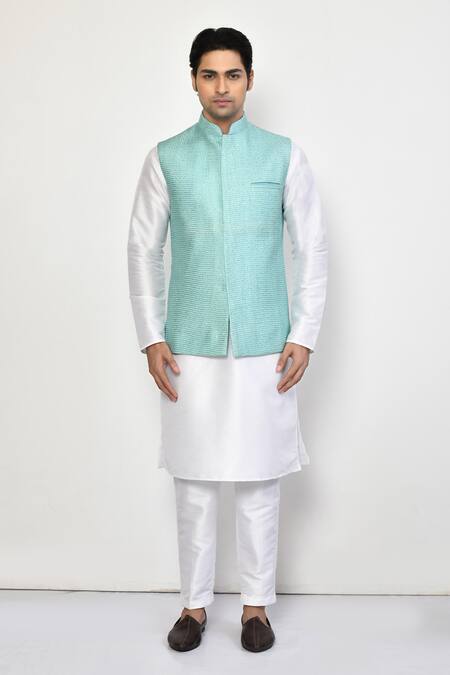 Buy_Arihant Rai Sinha_White Cotton, Silk Embroidery Checkered Pattern Bundi Set _Online_at_Aza_Fashions