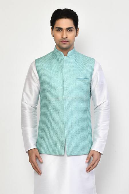 Shop Arihant Rai Sinha White Cotton, Silk Embroidery Checkered Pattern Bundi Set Online at Aza Fashions Shop_Arihant Rai Sinha_White Cotton, Silk Embroidery Checkered Pattern Bundi Set _Online_at_Aza_Fashions