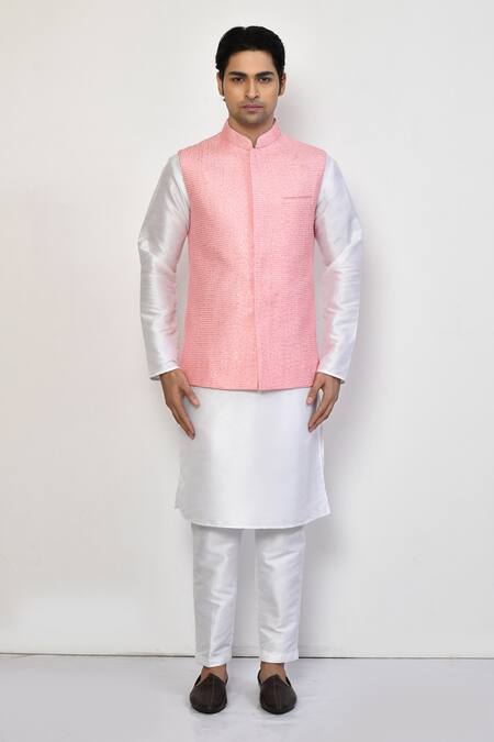 Buy_Arihant Rai Sinha_Pink Silk, Cotton Embroidery, Sequins Thread Bundi Set_Online_at_Aza_Fashions