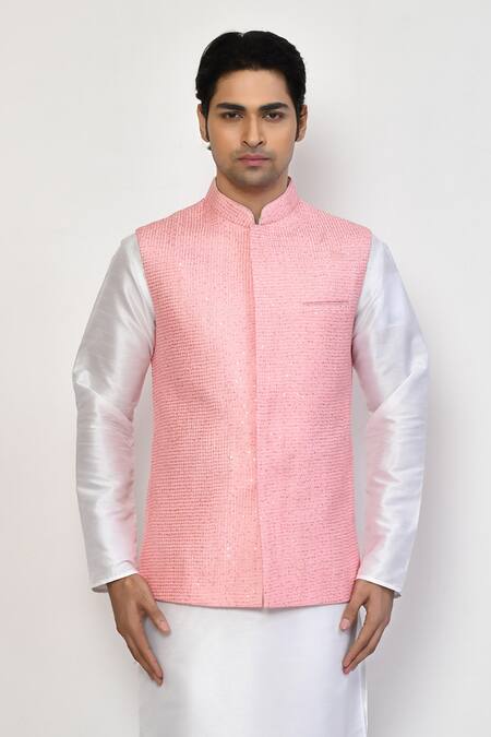 Shop_Arihant Rai Sinha_Pink Silk, Cotton Embroidery, Sequins Thread Bundi Set_Online_at_Aza_Fashions