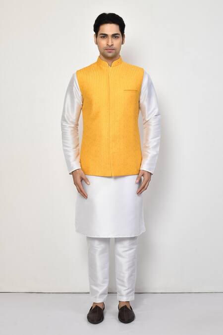 Buy_Arihant Rai Sinha_Yellow Silk, Cotton Embroidery, Sequins Striped Bundi Set_Online_at_Aza_Fashions