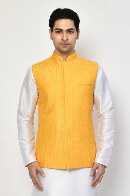 Shop Arihant Rai Sinha Yellow Silk, Cotton Embroidery, Sequins Striped Bundi Set Online at Aza Fashions Shop_Arihant Rai Sinha_Yellow Silk, Cotton Embroidery, Sequins Striped Bundi Set_Online_at_Aza_Fashions