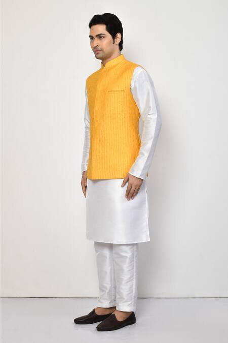Arihant Rai Sinha_Yellow Silk, Cotton Embroidery, Sequins Striped Bundi Set_at_Aza_Fashions