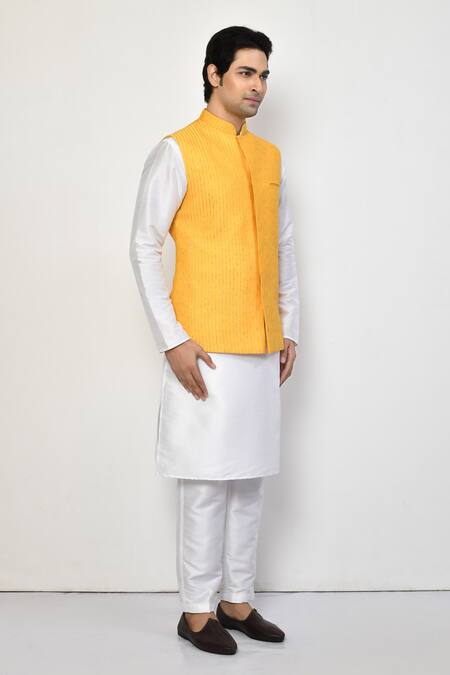 Buy_Arihant Rai Sinha_Yellow Silk, Cotton Embroidery, Sequins Striped Bundi Set