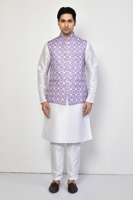 Buy_Arihant Rai Sinha_Purple Cotton Geometric Print Bundi Kurta Set_Online_at_Aza_Fashions