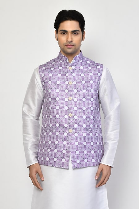 Shop Arihant Rai Sinha Purple Cotton Geometric Print Bundi Kurta Set Online at Aza Fashions Shop_Arihant Rai Sinha_Purple Cotton Geometric Print Bundi Kurta Set_Online_at_Aza_Fashions