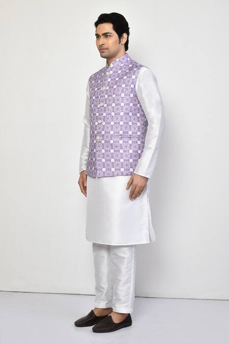 Arihant Rai Sinha_Purple Cotton Geometric Print Bundi Kurta Set_at_Aza_Fashions