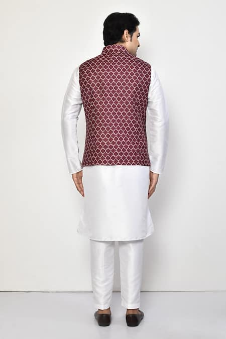 Shop_Arihant Rai Sinha_White Cotton, Linen Quatrefoil Print Bundi Set _at_Aza_Fashions