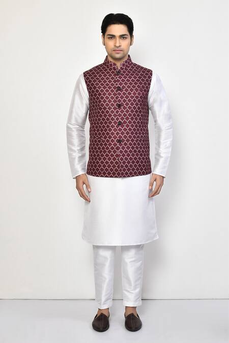 Buy_Arihant Rai Sinha_White Cotton, Linen Quatrefoil Print Bundi Set _Online_at_Aza_Fashions