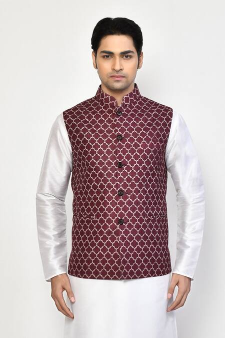 Shop Arihant Rai Sinha White Cotton, Linen Quatrefoil Print Bundi Set Online at Aza Fashions Shop_Arihant Rai Sinha_White Cotton, Linen Quatrefoil Print Bundi Set _Online_at_Aza_Fashions