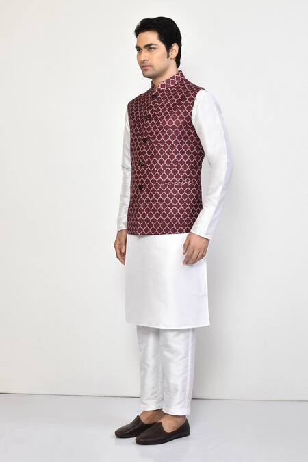 Arihant Rai Sinha_White Cotton, Linen Quatrefoil Print Bundi Set _at_Aza_Fashions