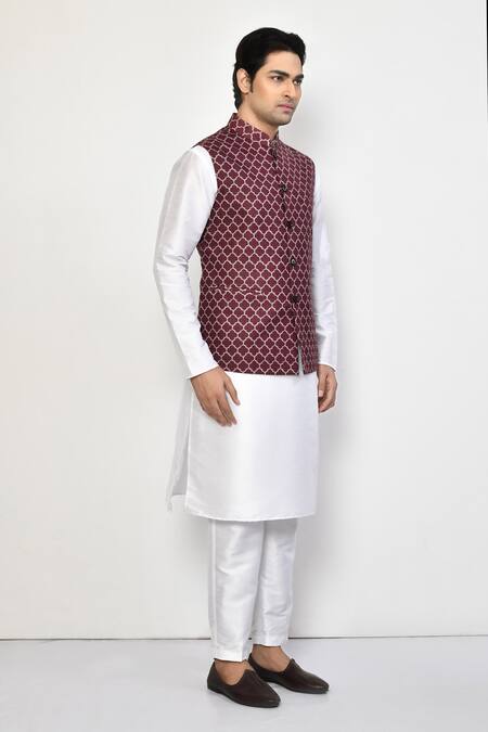 Buy_Arihant Rai Sinha_White Cotton, Linen Quatrefoil Print Bundi Set 