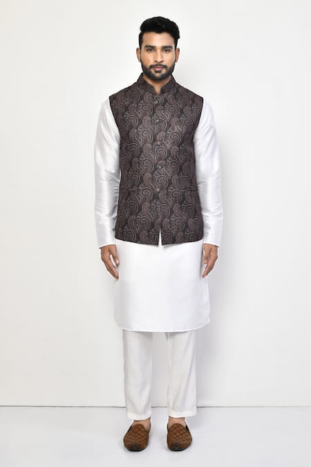Buy_Arihant Rai Sinha_Black Cotton Paisley Print Bundi Set_Online_at_Aza_Fashions