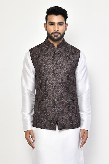 Shop_Arihant Rai Sinha_Black Cotton Paisley Print Bundi Set_Online_at_Aza_Fashions