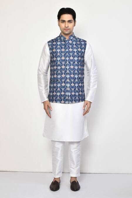 Buy_Arihant Rai Sinha_Blue Silk, Cotton Vintage Print Bundi Set_Online_at_Aza_Fashions