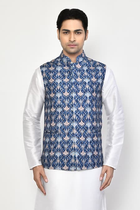 Shop Arihant Rai Sinha Blue Silk, Cotton Vintage Print Bundi Set Online at Aza Fashions Shop_Arihant Rai Sinha_Blue Silk, Cotton Vintage Print Bundi Set_Online_at_Aza_Fashions