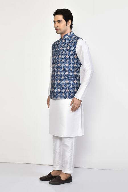 Arihant Rai Sinha_Blue Silk, Cotton Vintage Print Bundi Set_at_Aza_Fashions