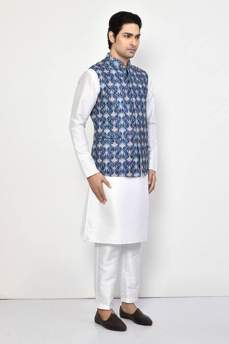 Buy_Arihant Rai Sinha_Blue Silk, Cotton Vintage Print Bundi Set