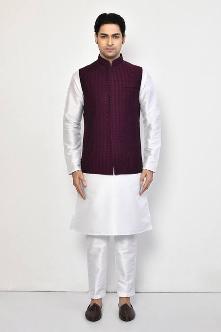 Buy_Arihant Rai Sinha_Wine Silk, Cotton Stones Geometric Embellished Bundi Set_Online_at_Aza_Fashions