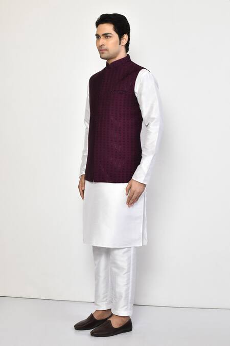 Arihant Rai Sinha_Wine Silk, Cotton Stones Geometric Embellished Bundi Set_at_Aza_Fashions