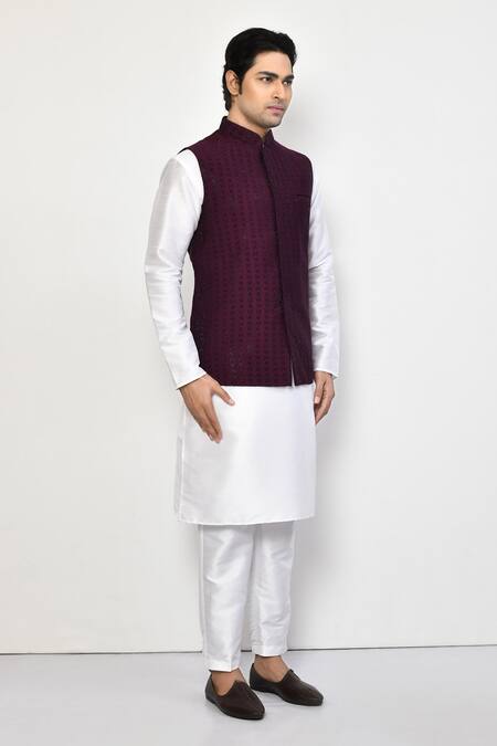 Buy_Arihant Rai Sinha_Wine Silk, Cotton Stones Geometric Embellished Bundi Set